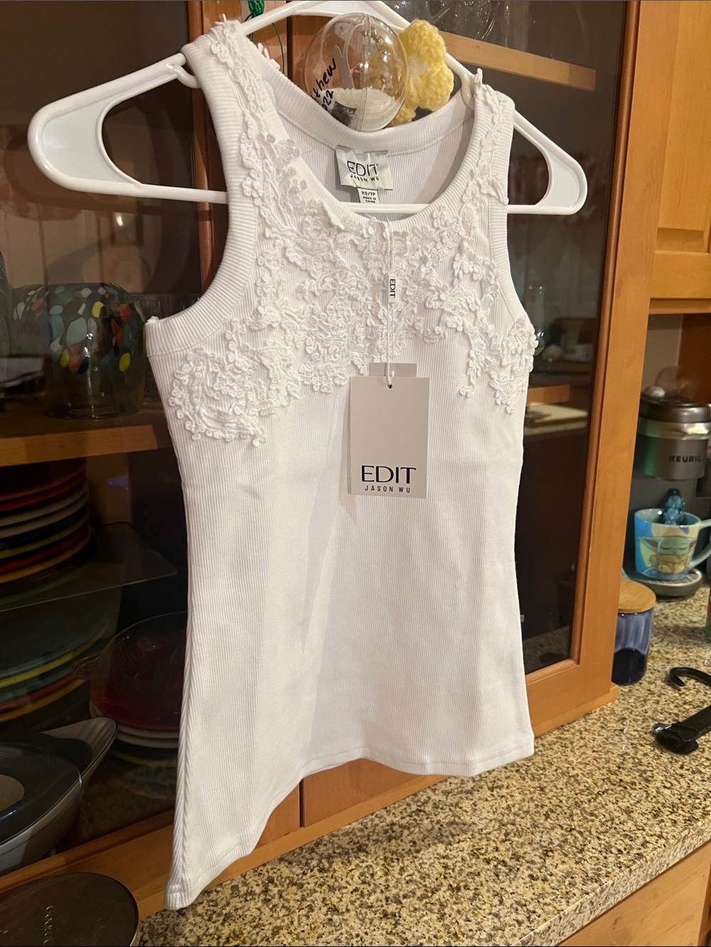 Jason Wu White Ribbed Tank with Lace Appliqué